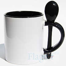 Кружка с ложкой чёрная внутри и цветная ручка